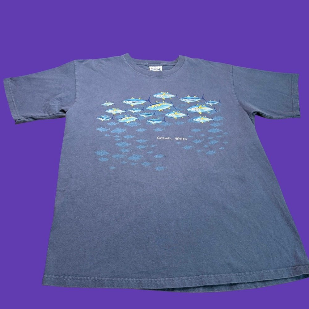 Dolfy Cozumel Mexico T Shirt Large Fish School Double Sided Blue Graphic Vintage